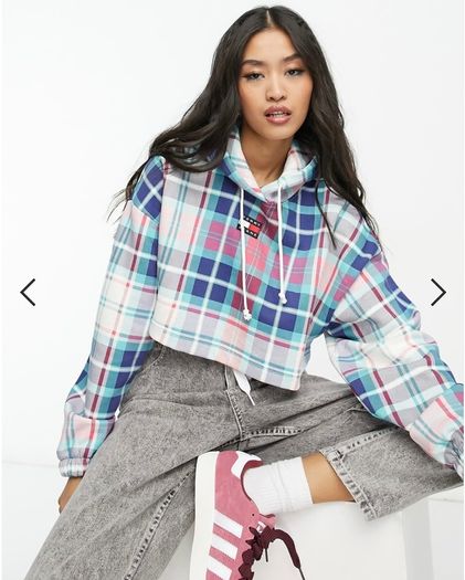 Tommy Jeans logo crop hoodie in tartan medium M SOLD OUT