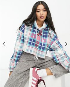 Tommy Jeans logo crop hoodie in tartan medium M SOLD OUT