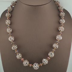 Antique Venetian Style Pinkish Skunk Eyes & Chevron Glass Beads Necklace