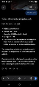 battery pack LI-ion batterypack 48.1 vdc  11600 MAh/557 Wh