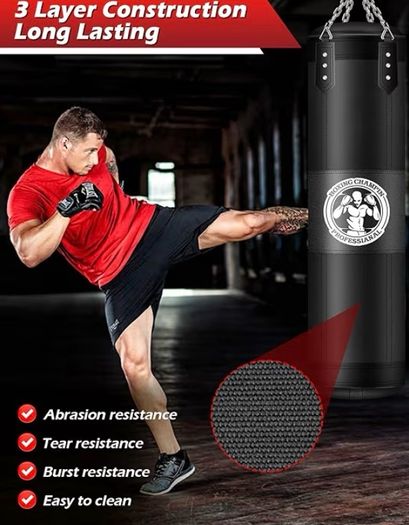 Heavy Boxing Bags with Chain Ceiling Hook, Hanging Boxing Bag for Kickboxing Muay Thai Karate Judo Taekwondo Home Gym Training, Unfilled