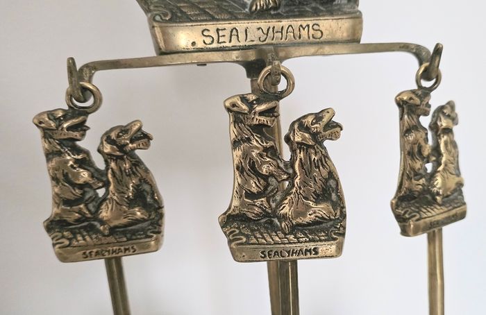 Victorian Sealyham Terrier Brass Fireplace Tool Set