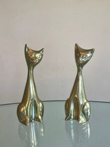 Pair of Mid Century Brass Siamese Cats, Vintage Figurines