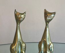 Pair of Mid Century Brass Siamese Cats, Vintage Figurines