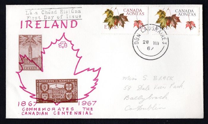 1967 Ireland Canadian Confederation Centenary Commemorative Stamp Illustrated First Day Cover (FDC) with Dun Laoghaire Cancel