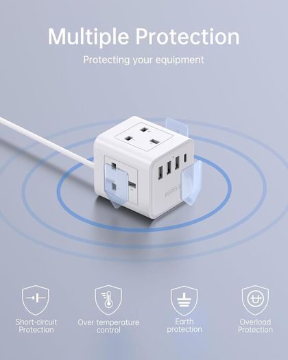 3M Cube Extension Lead with USB, 4 Way (13A/3250W) Plug Extension Socket with 3 USB A & 1 USB C, Child Safety Extension Cord,Black Cube Power Strip for Home Desk Office