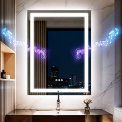 LED Bathroom Mirror with Lights,Bluetooth Dual Speaker,Anti-Fog,3 Color Temperature,Dimmable Brightness,Memory Function,Waterproof,Wall Mount Design,Tempered Glass (3 Light Modes, 60Lx80W CM