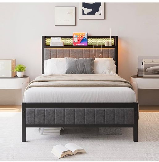 Single Bed Frame with Upholstered Headboard, No Box Spring Needed Wooden Storage Headboard Shelf, 3ft Upholstered Bed Frame with Charging Station/USB Ports and LED Lights (Gray Single Bed)