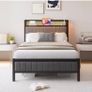 Single Bed Frame with Upholstered Headboard, No Box Spring Needed Wooden Storage Headboard Shelf, 3ft Upholstered Bed Frame with Charging Station/USB Ports and LED Lights (Gray Single Bed) Image 9