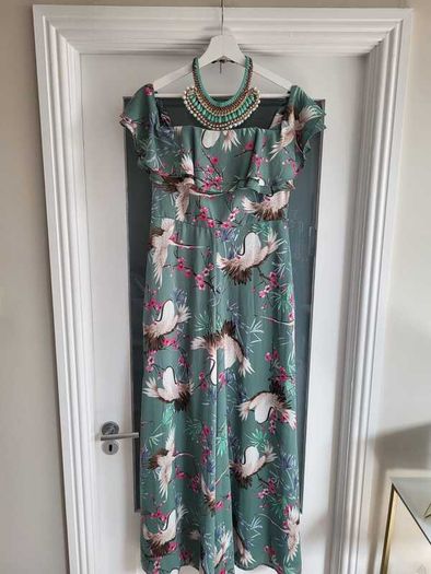 FOREVER UNIQUE green birds wide leg bardot jumpsuit Sz 12 - Rrp 249 (New)