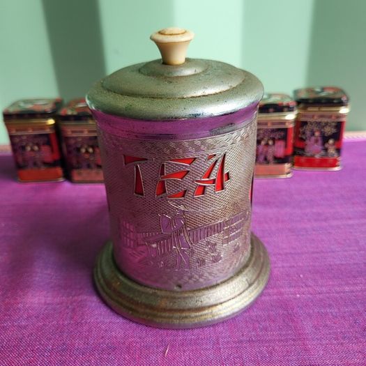 1950s Mid-Century Chrome Oriental Tea Caddy & sampler tins