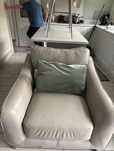 Reduced kingsize bed frame with matching curtains and leather armchair