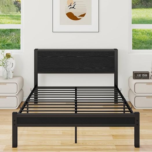 Double Bed Frame with Wooden Storage Shelf Headboard, Metal Platform Bed Frame Double Bed, No Box Spring Needed, Enhanced Support, Black