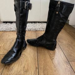 KAREN MILLEN Black Patent Leather Buckle Trim Calf-Length Flat Boots UK 4.5 / EU 37