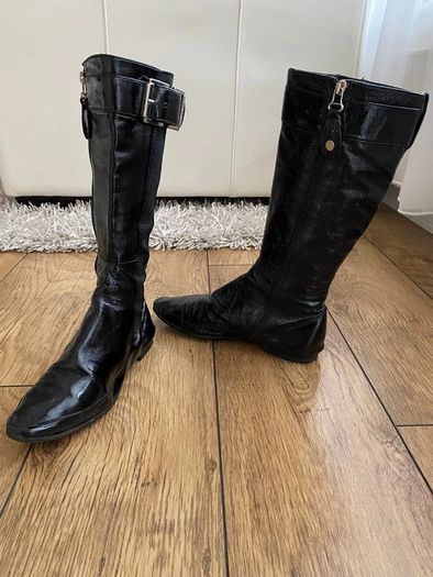 KAREN MILLEN Black Patent Leather Buckle Trim Calf-Length Flat Boots UK 4.5 / EU 37