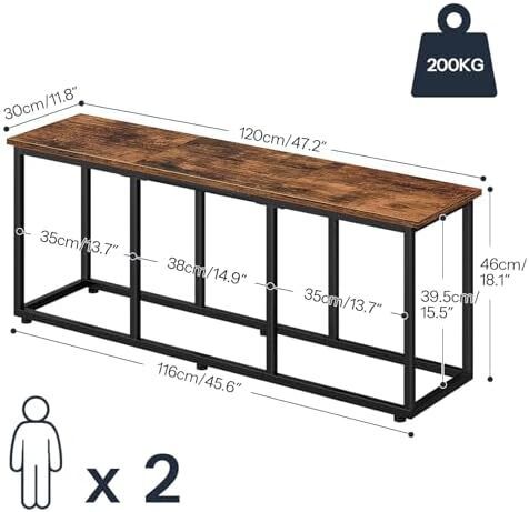 120 cm long bench for dining room, kitchen bench, industrial shoe bench, bed bench, entryway bench, for dining room, entrance area, bedroom, rustic brown and black