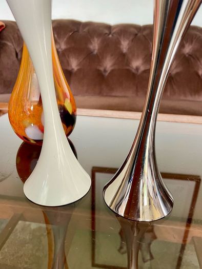 Vintage 20th Century Heavy Asymmetrical Stainless Steel and White Enamel Pair Of Candle Holders