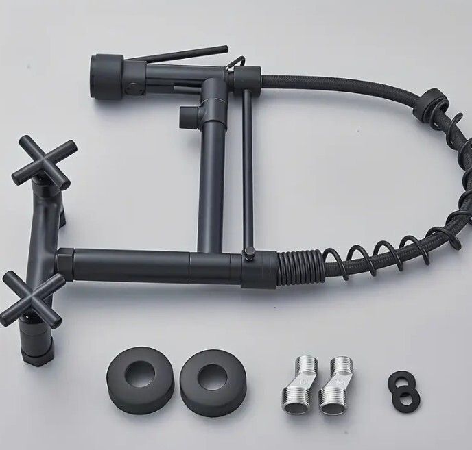 Wall-Mounted Kitchen Tap with Pull-Out Spray  360 deg Rotating Dual-Function Mixer Tap (Matte Black / Chrome Finish)