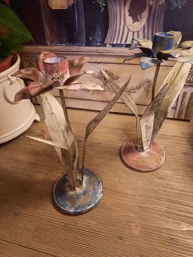2 Handpainted Shabby Chic Metal Candleholders, AV