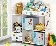 Children's Room Shelf, Toy Organiser, Bookcase for Children, Multifunctional Shelf with 2 Storage Boxes, Outer Space Stickers for Kids Bedroom, White