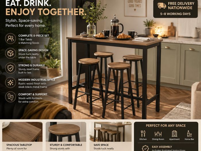 Industrial Bar Table & 4 Stool Set  Space Saving Breakfast Bar Dining Set