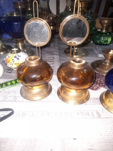 4 Beautiful Old Mirror Blue, Green, Brown Glass Oil Lamps, Postage Available