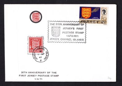 1971 Jersey Illustrated cover marking the 30th Anniversary of Jersey's First Postage Stamp 1 April 1971 tying 2 1/2p definitive stamp