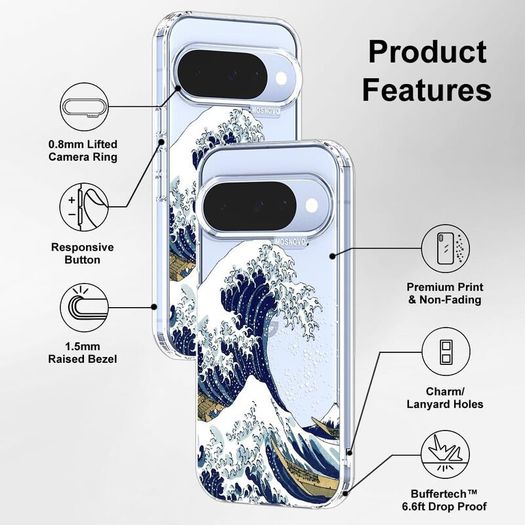 Pixel 10 Case/Pixel 10 Pro Case, Shockproof Military-Grade Protection 6.6ft Drop Tested, Clear Phone Case for Pixel 10/10 Pro, Great Wave Design
