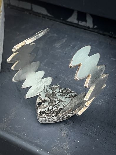 Malachite Crystal on a Salvaged Jagged Silver Bangle