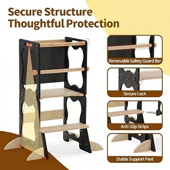 4-in-1 Toddler Standing Tower, Convertible Kids Kitchen Step Stool with Anti-Drop Safety Rail, Multi-Use Learning Helper Tower for Kitchen Counter, with Blackboard (Black & Natural)