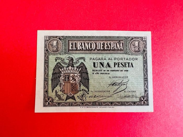 Spain  1  Peseta  1938. Scarce  Pick 107a  ( Uncirculated )