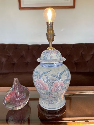 Pretty Oriental Pastel Floral Ginger Jar Lamp Base with Wooden Plinth Base