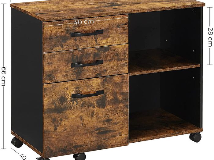 _3-Drawer Unit, Office Storage Unit with Open Compartments, Sideboard, for A4 Format, Documents, Printer Stand, Industrial Style, Rustic Brown and Black