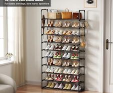 Metal Shoe Rack, 10 Tier Shoe Storage Organizer with Hooks,Fit 40-45Pairs Shoes,Metal Tall Shoe Shelf for Closet,Entryway,Garage,Bedroom,Cloakroom
