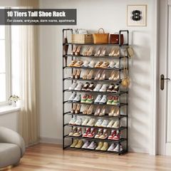 Metal Shoe Rack, 10 Tier Shoe Storage Organizer with Hooks,Fit 40-45Pairs Shoes,Metal Tall Shoe Shelf for Closet,Entryway,Garage,Bedroom,Cloakroom
