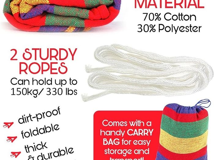 NEW SALE | Large Woven Canvas Hammock Garden Swing, with Portable Travel Carry Bag & Secure Ropes - 270x150cm, for Outdoor Summer Camping, 150kg Weight Capacity
