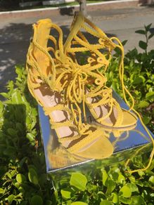 Yellow Lace Up Sandal Heels