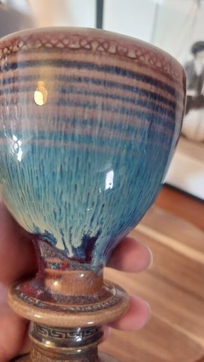 Wonderful Pair of Studio Art Pottery Goblets by Martin Branch Lyre Pottery, Cloncorban, Rossmore, Clonakilty, West Cork in a Fabulous Colourful Variegated Glaze. Pair Two