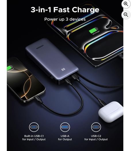UGREEN USB C, 45W, 20000mah, Nexode Power Bank with Built-in Cable, Fast Charging 3-Way Output Portable Charger