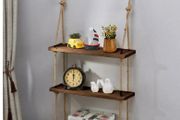 BRAND NEW 3 Tiers Rustic Wooden Wall Hanging Rope Shelf Mounted Floating Storage Unit Home