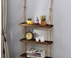 BRAND NEW 3 Tiers Rustic Wooden Wall Hanging Rope Shelf Mounted Floating Storage Unit Home
