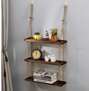 BRAND NEW 3 Tiers Rustic Wooden Wall Hanging Rope Shelf Mounted Floating Storage Unit Home