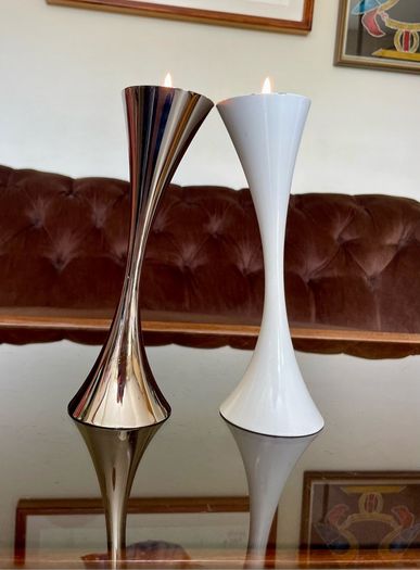 Vintage 20th Century Heavy Asymmetrical Stainless Steel and White Enamel Pair Of Candle Holders