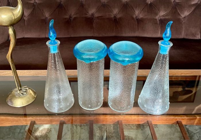 Set of Glass Genie Bottles with Turquoise Blue Flame Stoppers and Tall Containers with Mushroom Lids MCM Retro