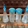 Set of Glass Genie Bottles with Turquoise Blue Flame Stoppers and Tall Containers with Mushroom Lids MCM Retro Image 7