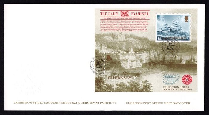 1997 Guernsey Pacific 97 World International Stamp Exhibition Commemorative Stamp Miniature Sheet Official First Day Cover (FDC)