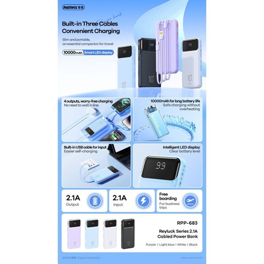 Remax RPP-683 Reyluck Series 2.1A Cabled Power Bank 10000mAh Black