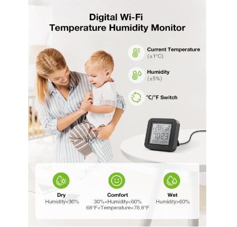 GHome Smart WIFI Thermometer Hygrometer, Smart Digital Indoor Wireless Temperature Humidity Sensor with Alert, for Home Room Greenhouse Wall