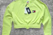 Tommy Jeans Stunning Neon Lime Green Cropped Sweatshirt Size L Y2K Drawstring Waist BNWT