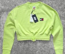 Tommy Jeans Stunning Neon Lime Green Cropped Sweatshirt Size L Y2K Drawstring Waist BNWT